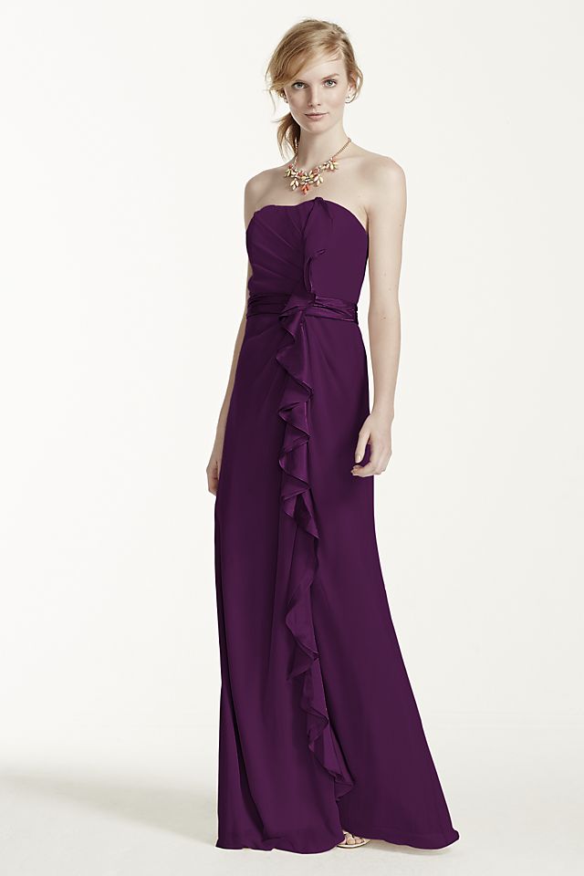 Long Strapless Dress with Front Ruffle Cascade Image 1