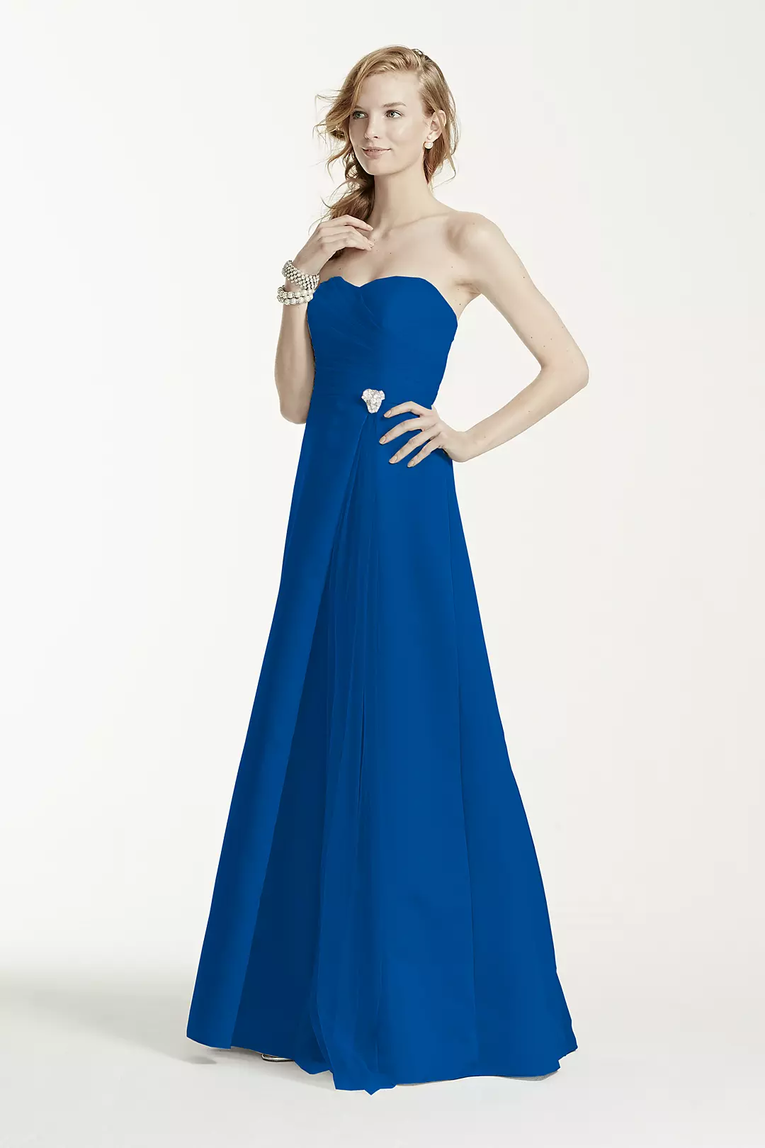 Strapless Satin Long Dress with Side Brooch | David's Bridal Strapless Satin Long Dress with Side Brooch | David's Bridal