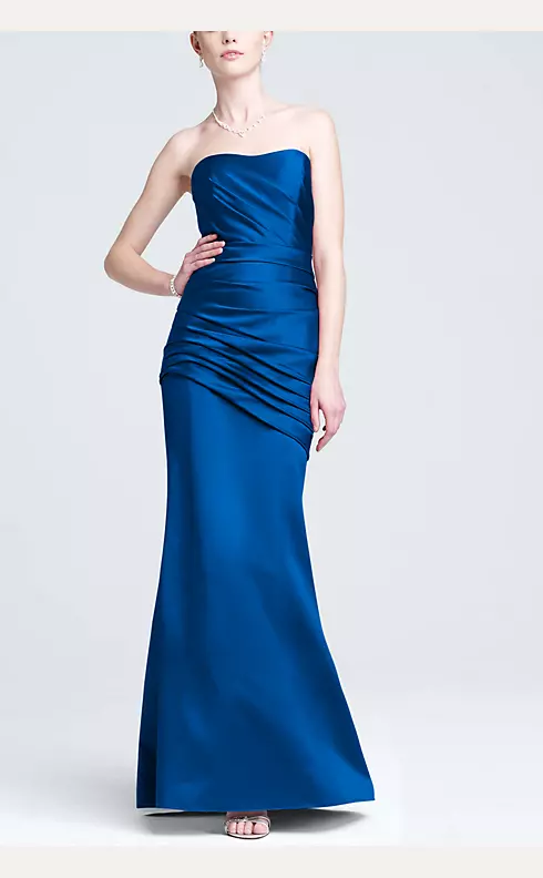 Long Strapless Satin Dress with Side Ruching Image 1