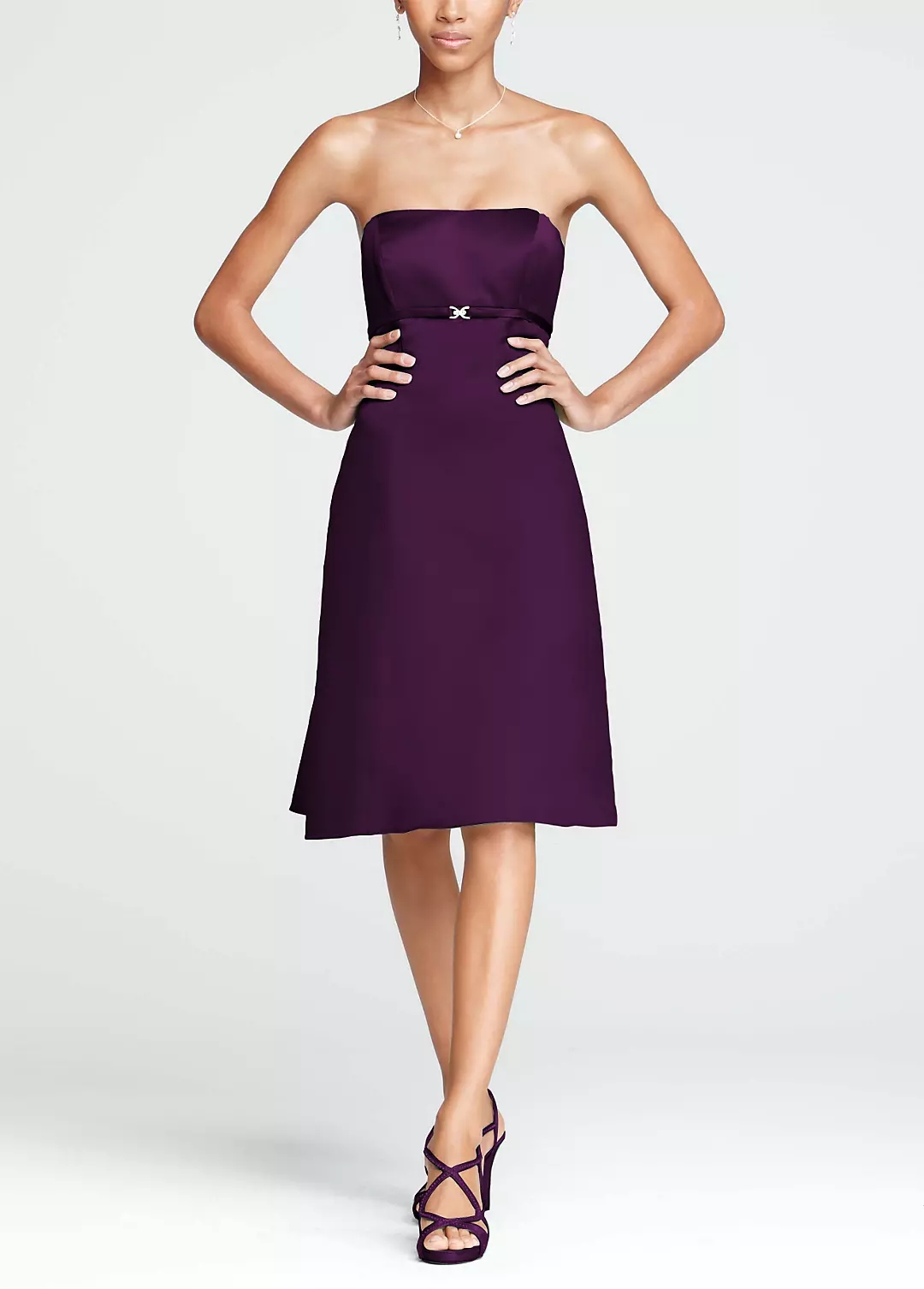 Strapless Satin Dress with Pleated Back and Brooch Image