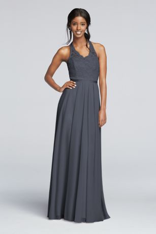 Bridesmaid Dress Halter Bodice Long Mesh Dress With Lace Halter