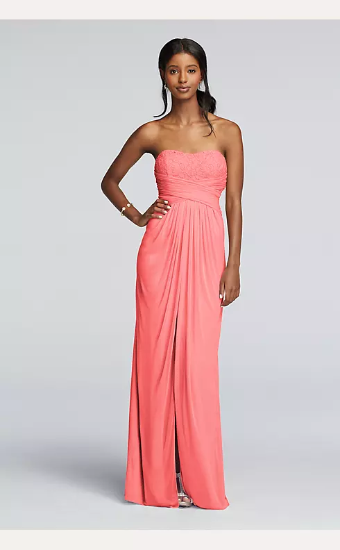 Strapless Mesh and Lace Dress with Pleated Waist  Image 1