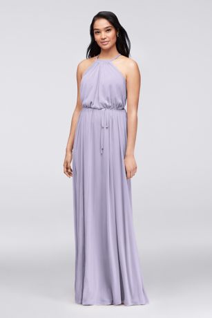 Soft mesh halter bridesmaid store dress with slim sash