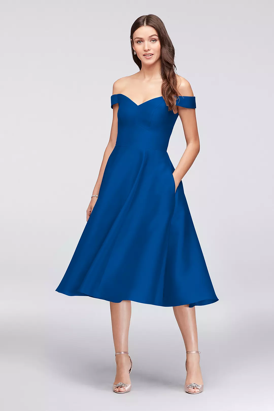 Off-the-Shoulder Tea-Length Bridesmaid Dress Image