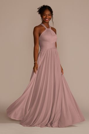 Pink halter 2024 neck bridesmaid dress