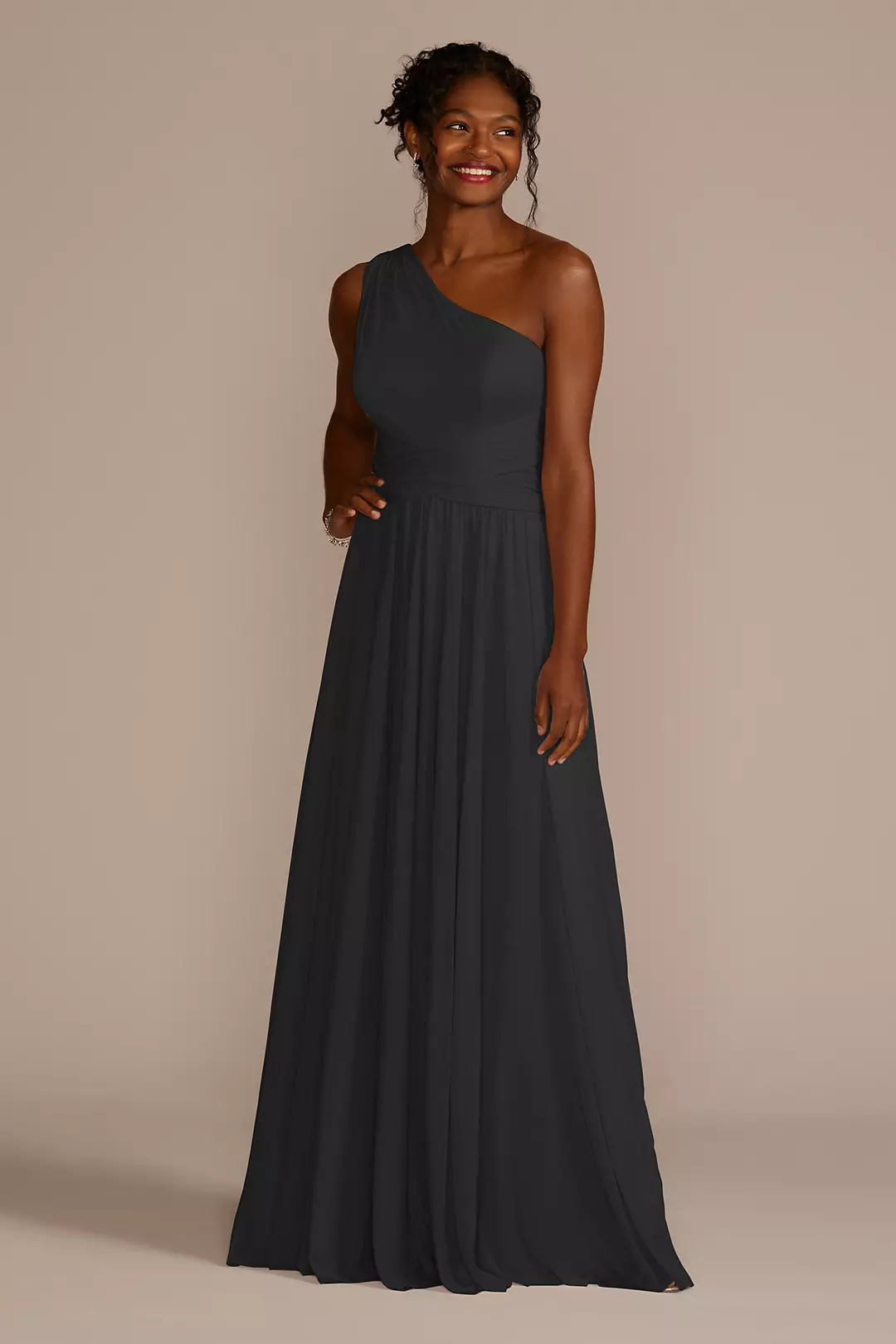 One-Shoulder Mesh Bridesmaid Dress with Full Skirt | David's One-Shoulder Mesh Bridesmaid Dress with Full Skirt | David's