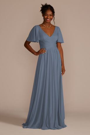 dusty blue modest bridesmaid dresses