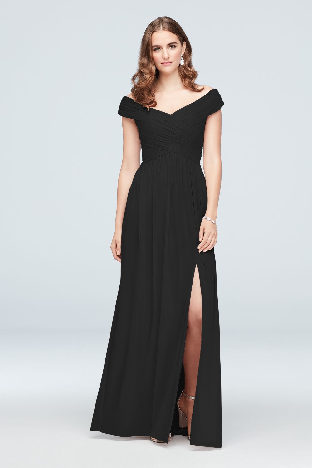 Crisscross Off-the-Shoulder Mesh Bridesmaid Dress