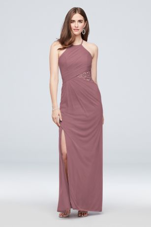 High-Neck Mesh Bridesmaid Dress with Lace Inset