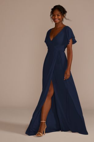Black Dress Wrap Dress Flutter Sleeve Bridesmaid Wrap David's Bridal  Wrap Dress David's Bridal Dresses Flutter Sleeve Bridesmaid Dress With  Cascade Steel Blue Poshmark