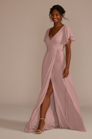 Flutter Sleeve Georgette Wrap Bridesmaid Dress | David's Bridal