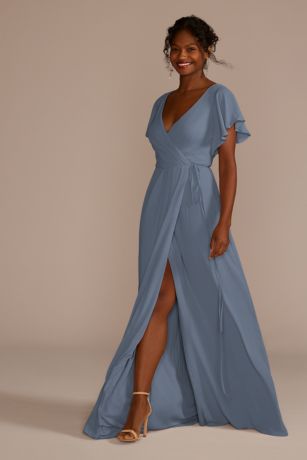 Flutter Sleeve Georgette Wrap Bridesmaid Dress | David's Bridal