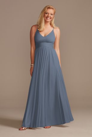 spaghetti strap ruched waist mesh bridesmaid dress