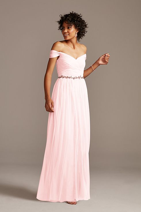 Off-the-Shoulder Pleated Net Tall Bridesmaid Dress Image 1