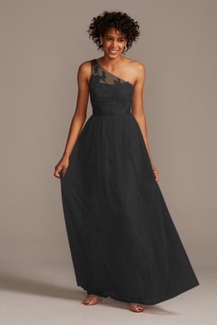 One-Shoulder Embroidered Soft Net Bridesmaid Dress | David's Bridal