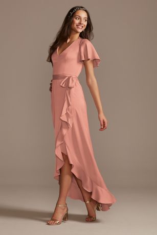 Flutter Sleeve Crepe Satin Ruffle Bridesmaid Dress