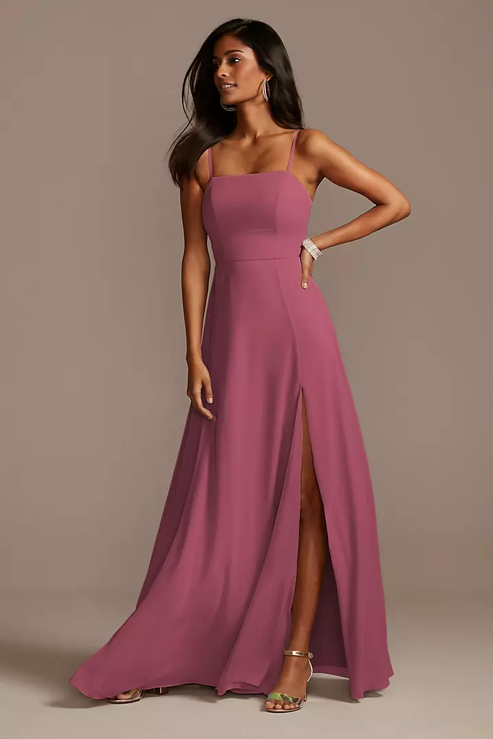 Spaghetti Straps Unique Bridesmaid Dresses, Pink Chiffon Slit Bridesmaid Dresses Spaghetti Straps Unique Bridesmaid Dresses, Pink Chiffon Slit Bridesmaid Dresses