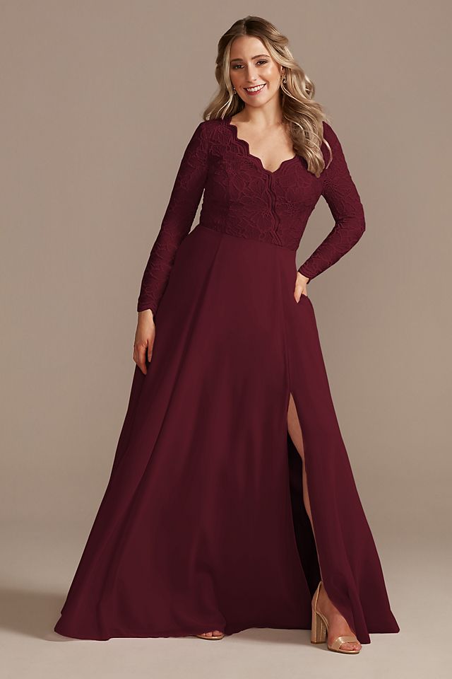 Lace Chiffon Long-Sleeve Long Bridesmaid Dress Image 1