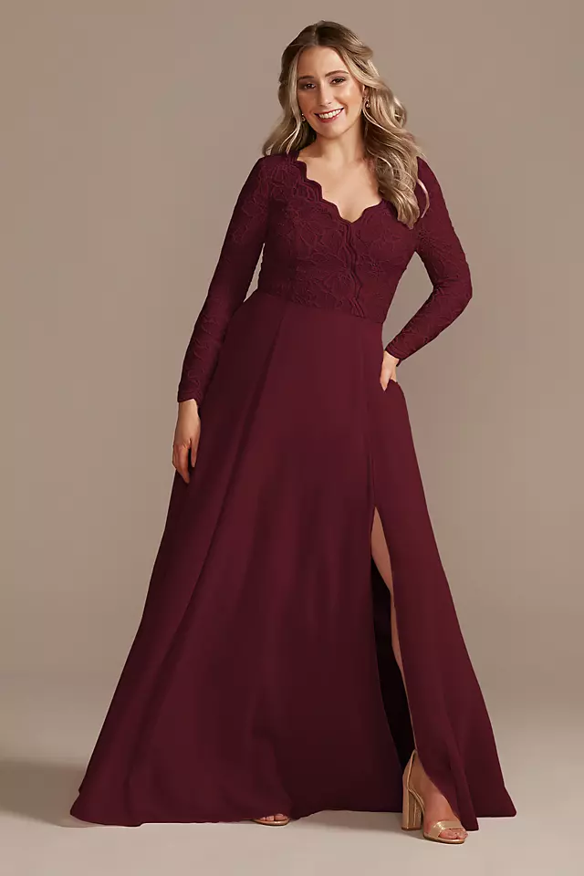 Lace Chiffon Long-Sleeve Long Bridesmaid Dress Image