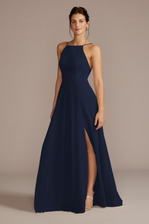 Navy High Neck Chiffon Maxi Dress