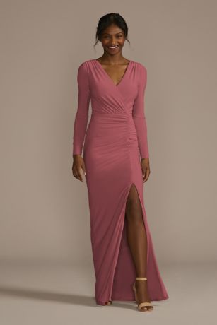 Long Sleeve Ruched Jersey Sheath Bridesmaid Dress | David's Bridal