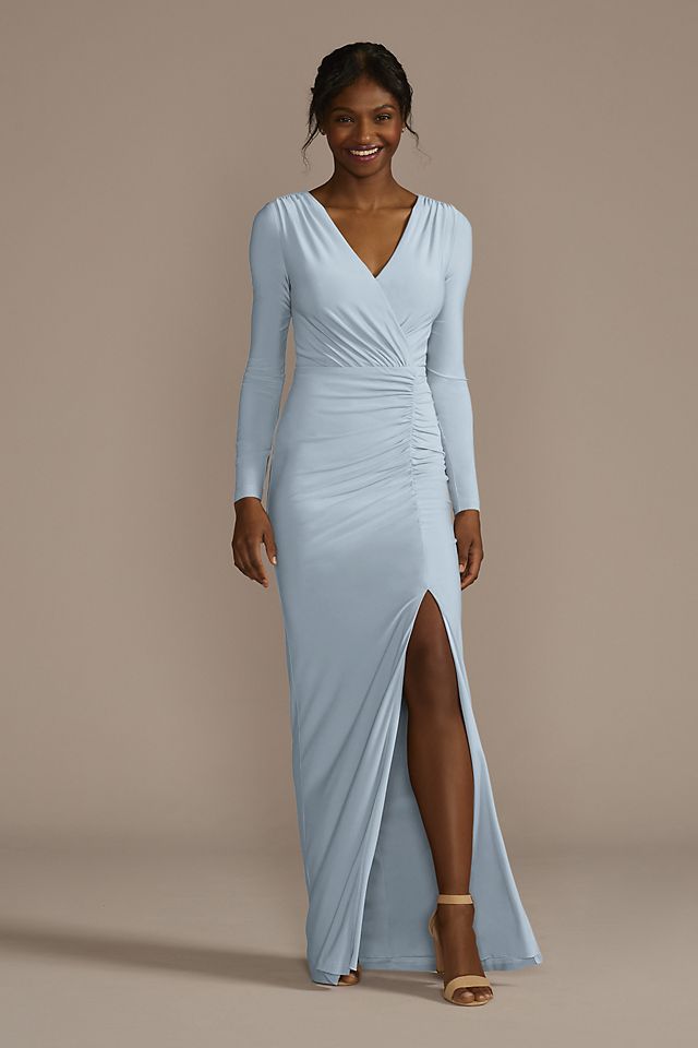 Long Sleeve Ruched Jersey Sheath Bridesmaid Dress Image