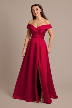 Satin Off-the-Shoulder Ball Gown Bridesmaid Dress David's Bridal