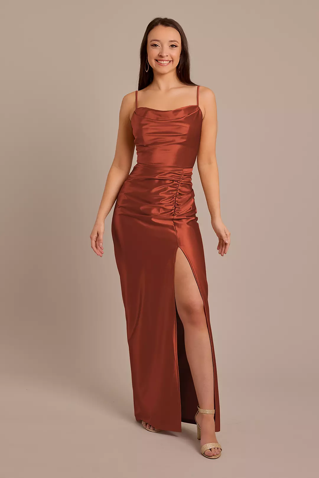 Sculpting Satin Cowl Neck Ruched Dress Image