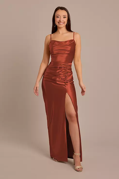 Sculpting Satin Cowl Neck Ruched Dress Image 1