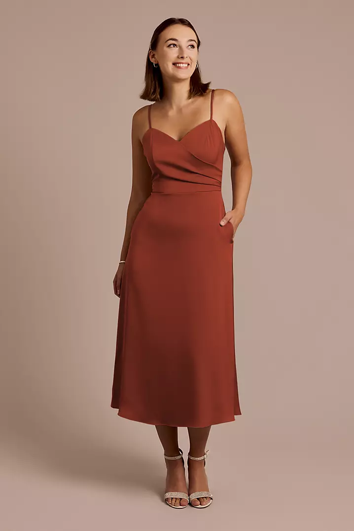 knee length dresses for ladies As I Expected Brown Satin Cowl Neck Sleeveless Midi Dress
