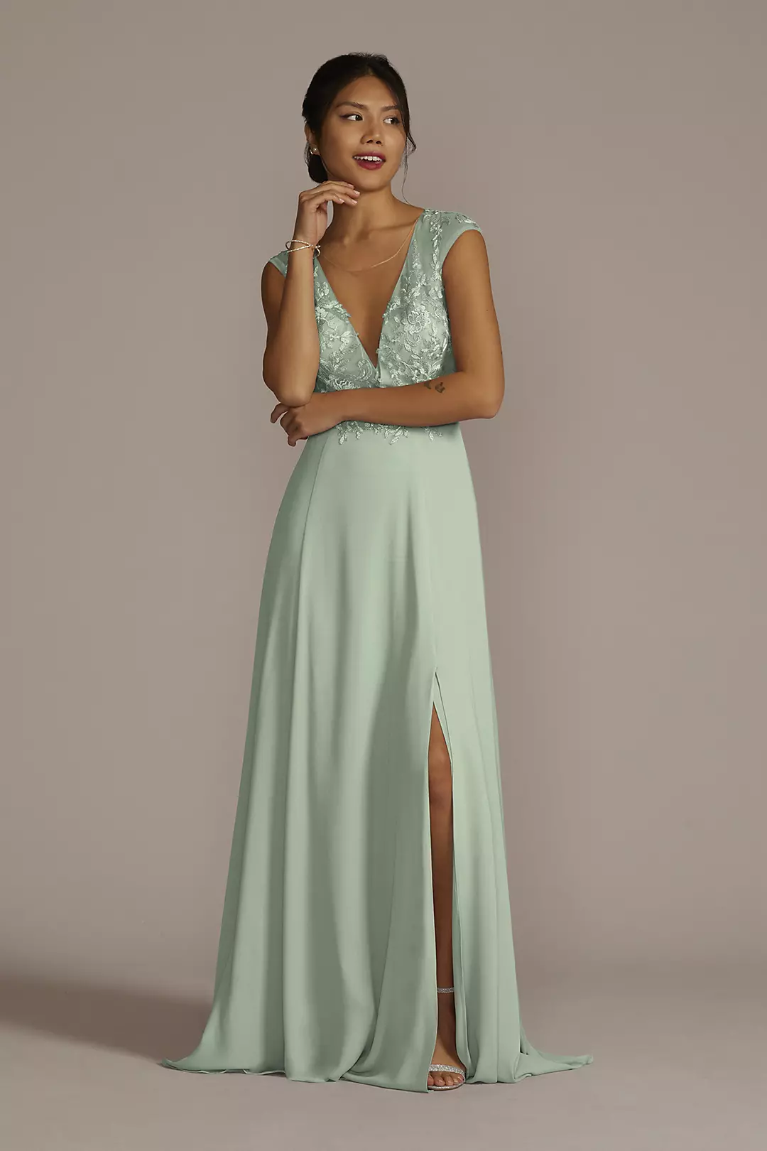 Cap Sleeve Lace and Georgette Bridesmaid Dress Image