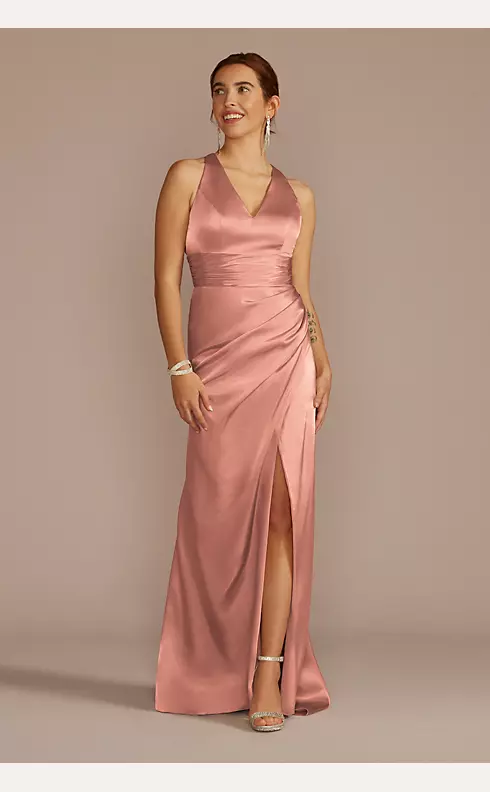 Faux Wrap Criss Cross Back Maxi Bridesmaid Dress With Adjustable Straps In  Toasted Sugar