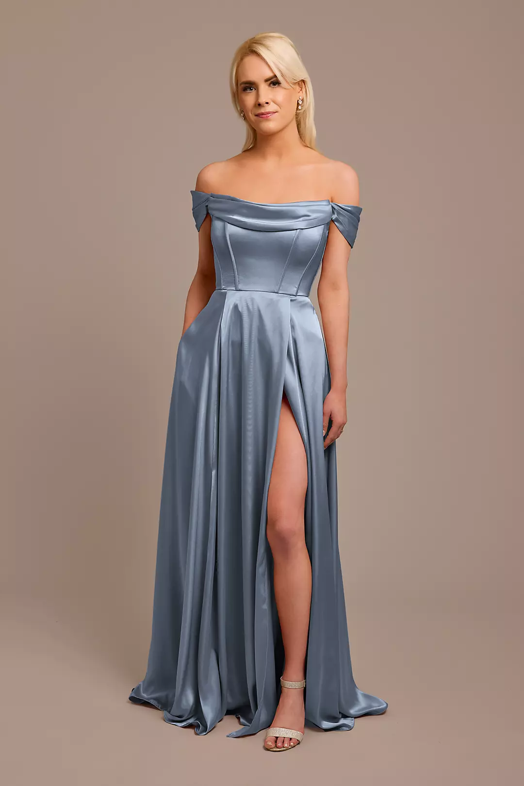Charmeuse Cowl Off-the-Shoulder Bridesmaid Dress Image