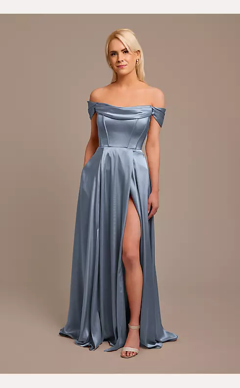 Charmeuse Cowl Off-the-Shoulder Bridesmaid Dress Image 1