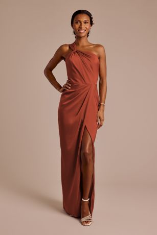 one shoulder brown satin dress ASOS Design One Shoulder satin Ruched side Midi Dress in chocolate Brown