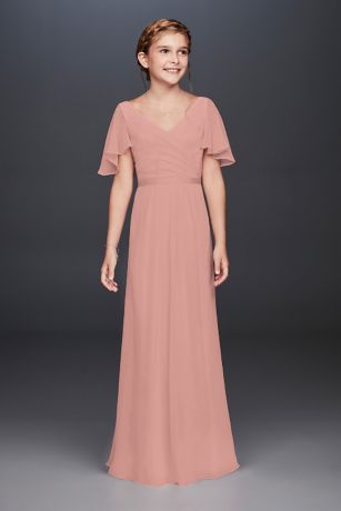 Flutter Sleeves Chiffon Long Junior Bridesmaid Dresses Mist
