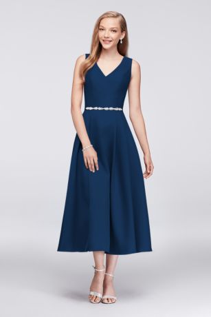 blue dress for baby girl Navy V-Neck High Low Satin Tea Length Bridesmaid Dresses With Pockets main image 0