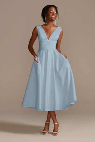 Satin V-Neck Tea Length A-Line Dress | David's Bridal