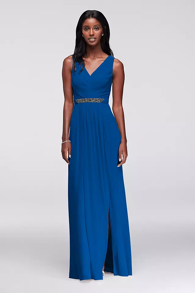 Long Mesh Dress with V-Neck and Beaded Waistband | David's Long Mesh Dress with V-Neck and Beaded Waistband | David's