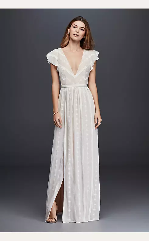 Embroidered Chiffon Dress with Plunging Neckline Image 1
