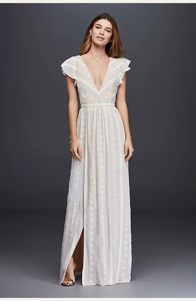 Embroidered Chiffon Dress with Plunging Neckline Image