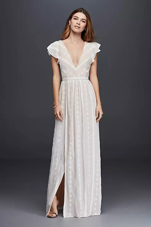 Embroidered Chiffon Dress with Plunging Neckline Image 1