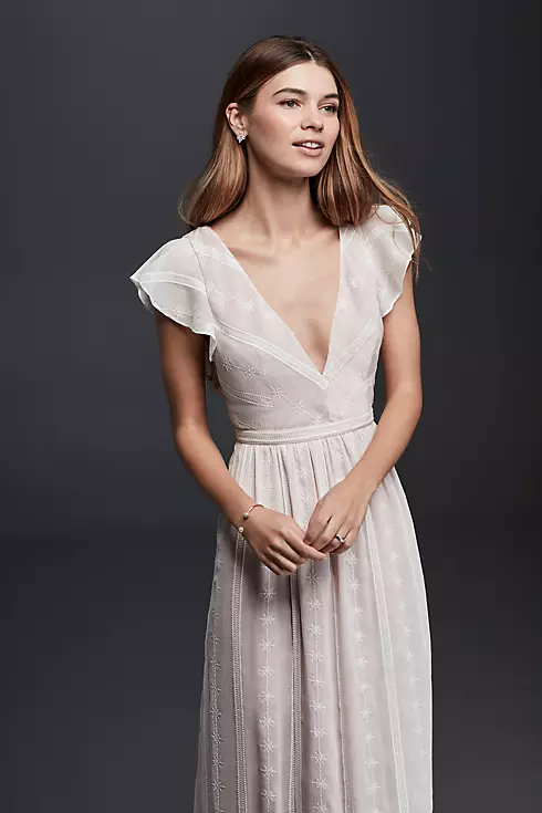 Embroidered Chiffon Dress with Plunging Neckline