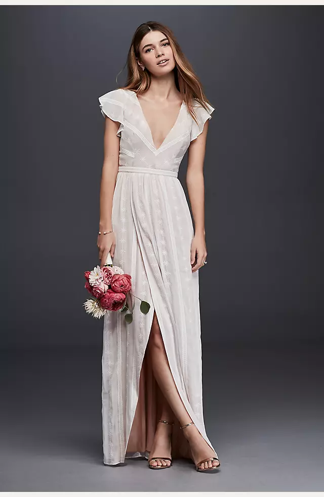 Embroidered Chiffon Dress with Plunging Neckline