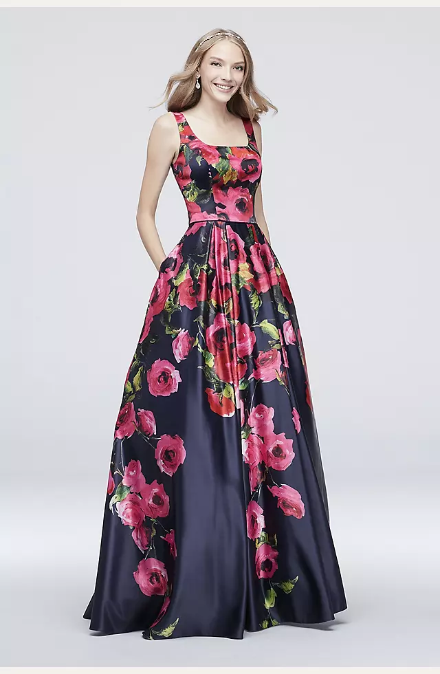 Satin Floral Printed Tank Ball Gown with Low Back Image