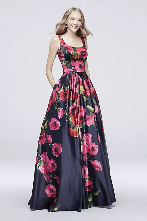 Satin Floral Printed Tank Ball Gown with Low Back Image 1
