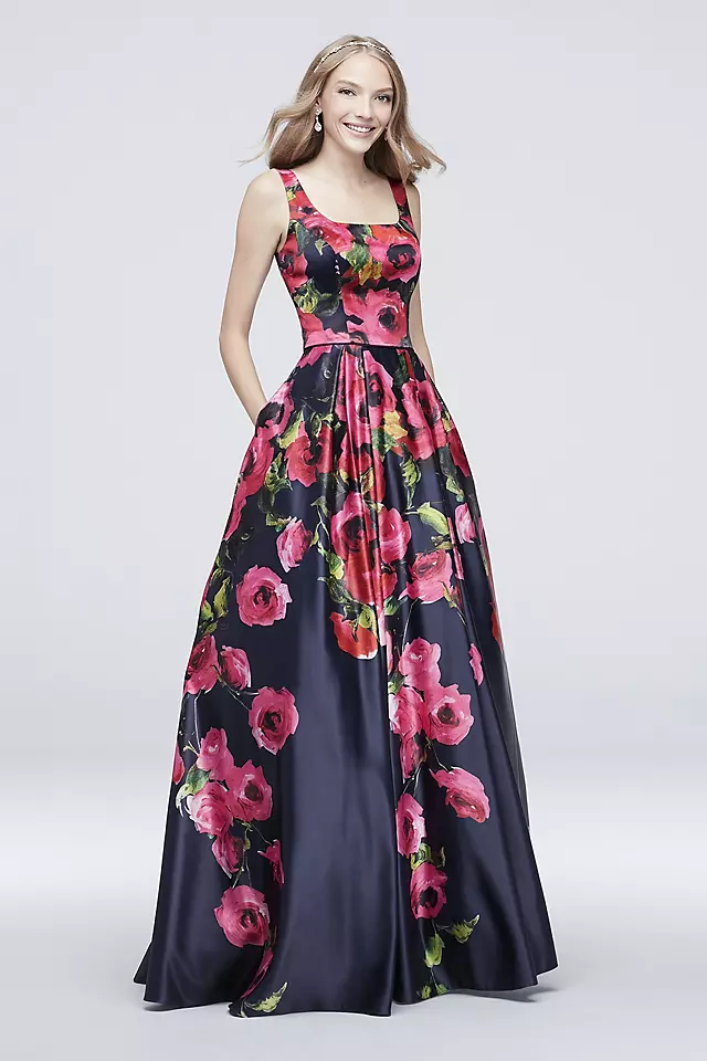 Satin Floral Printed Tank Ball Gown with Low Back Image