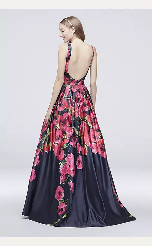 Satin Floral Printed Tank Ball Gown with Low Back Image 2