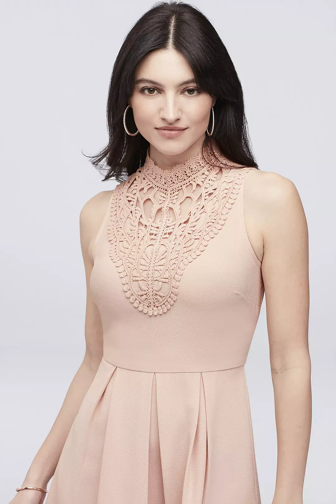 Pleated Crepe Dress with Crochet Lace Neckline Image 3