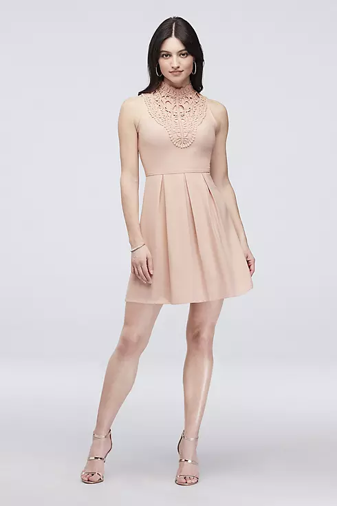 Pleated Crepe Dress with Crochet Lace Neckline Image 1